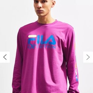 FILA Men's Long Sleeve Pink Purple Retro Tee in Vibrant Magenta XL Blue Logo